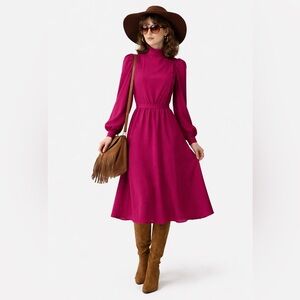 Vintage Charlie California Dress Magenta High‎ Neck Long Sleeve Midi Size M